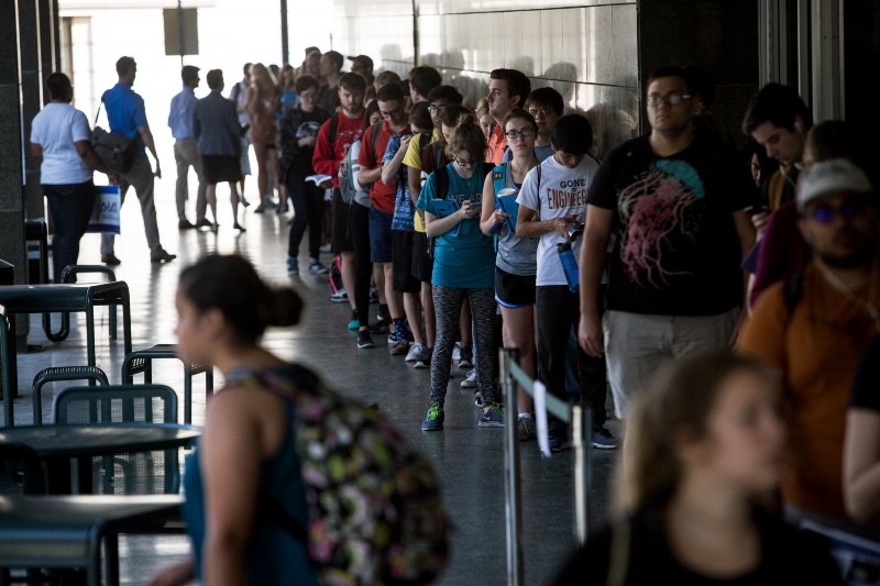 Voters wait in line to cast their ballots at the Flawn Academic Center on the University of Texas at Austin campus on Tuesday, March 1, 2016 in Austin, Texas. Voters from Vermont to Colorado, Alaska to American Samoa and a host of states in between were heading to polling places and caucus sites on the busiest day of the 2016 primaries. CREDIT: AP PHOTO/TAMIR KALIFA