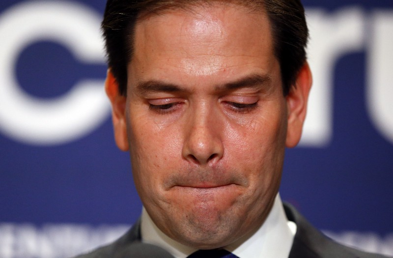 Republican presidential candidate Sen. Marco Rubio, R-Fla., speaks during a Republican primary night celebration rally at Florida International University in Miami, Fla., Tuesday, March 15, 2016. Rubio is ending his campaign for the Republican nomination for president after a humiliating loss in his home state of Florida. CREDIT: AP PHOTO/PAUL SANCYA