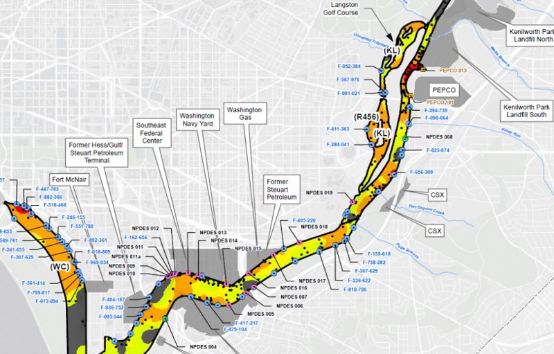 PCB concentrations in the lower Anacostia River. Red and orange indicates highest concentrations. CREDIT: Anacostia Waterfront Trust