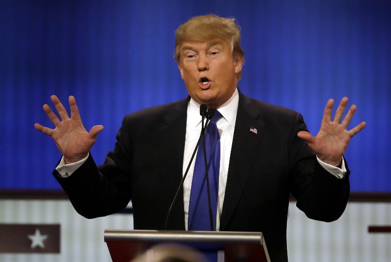 Republican presidential candidate, businessman Donald Trump speaks during a Republican presidential primary debate at Fox Theatre, Thursday, March 3, 2016, in Detroit. (AP Photo/Carlos Osorio) CREDIT: AP PHOTO/CARLOS OSORIO