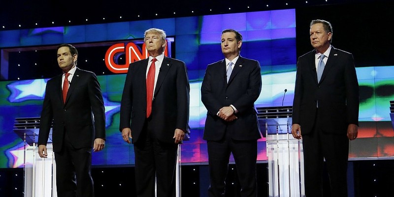 Republican presidential candidates, Sen. Marco Rubio, R-Fla., left, Donald Trump, Sen. Ted Cruz, R-Texas, and Ohio Gov. John Kasich, right, stand together before the start of the Republican presidential debate sponsored by CNN, Salem Media Group and the Washington Times at the University of Miami, Thursday, March 10, 2016, in Coral Gables, Fla. CREDIT: AP PHOTO/ALAN DIAZ