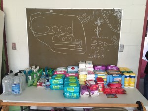 At the Church of the Nazarene in Sebring, Ohio, a table with cleaning supplies and baby wipes for people in need. CREDIT: Emily Atkin