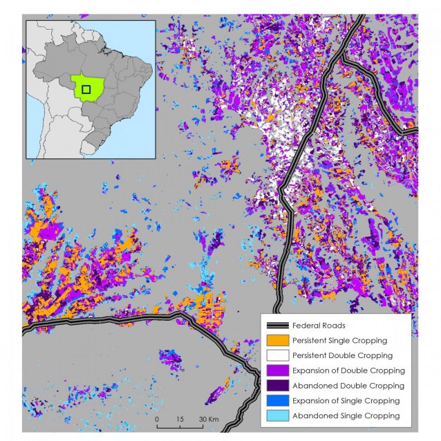 Satellite mapping helps researchers see changes in crop area and double cropping. CREDIT: NASA/Stephanie Spera/Brown University