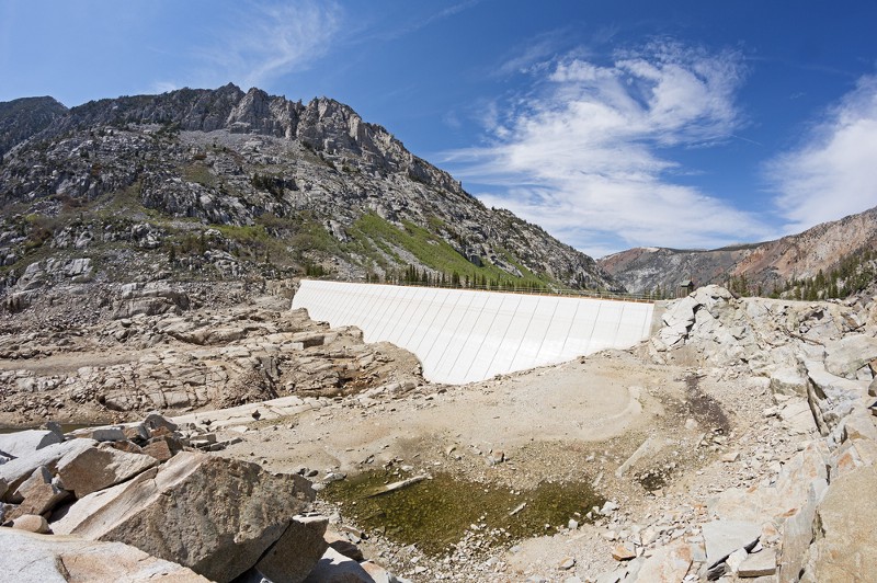 2014 photo of South Lake Dam with a nearly empty South Lake in the Sierra Nevada in California. CREDIT: SHUTTERSTOCK