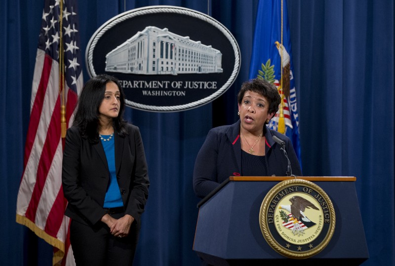 Attorney General Loretta Lynch with Deputy Assistant Attorney General Vanita Gupta CREDIT: AP PHOTO/CAROLYN KASTER