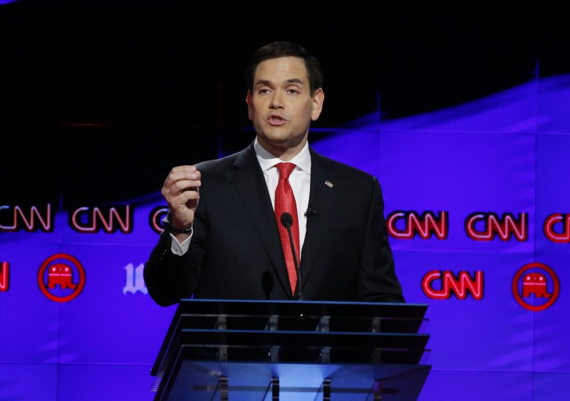 Republican presidential candidate, Sen. Marco Rubio, R-Fla., speaks during the Republican presidential debate Thursday. CREDIT: AP PHOTO/WILFREDO LEE