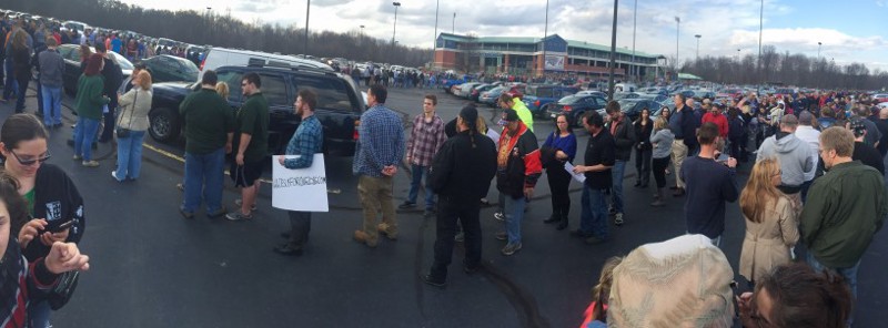 Trump supporters wait outside a local baseball stadium for buses to take them to Trump’s rally in Vienna, Ohio. CREDIT: Emily Atkin