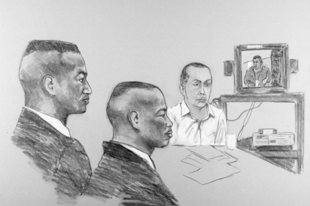 From left, defendants Yusef Salaam, Antron McCray and Raymond Santana (three of the Central Park 5) are shown sitting in court CREDIT: AP Photo/Robert Smith