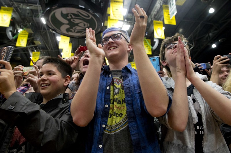 Students cheer for Democratic presidential candidate Sen. Bernie Sanders, I-Vt., as he arrives during a campaign rally at Colorado State University in Fort Collins, Colo., Sunday, Feb. 28, 2016. CREDIT: AP PHOTO/JACQUELYN MARTIN