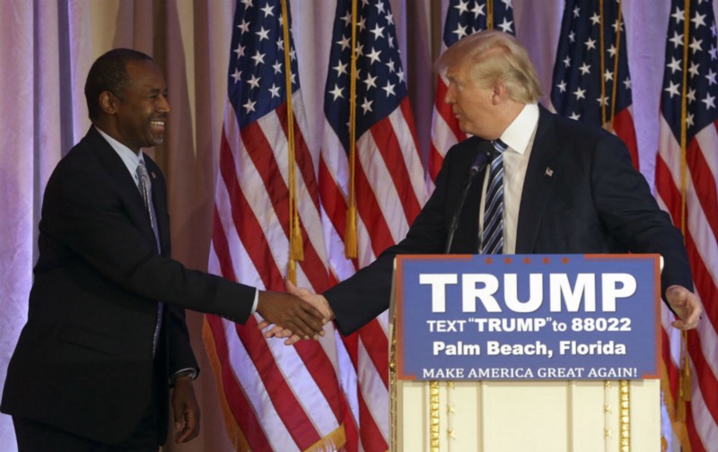 Former Republican presidential candidate Ben Carson shakes hands with Republican presidential candidate Donald Trump, after announcing he will endorse Trump during a news conference at the Mar-A-Lago Club, Friday, March 11, 2016, in Palm Beach, Fla. CREDIT: AP PHOTO/LYNNE SLADKY
