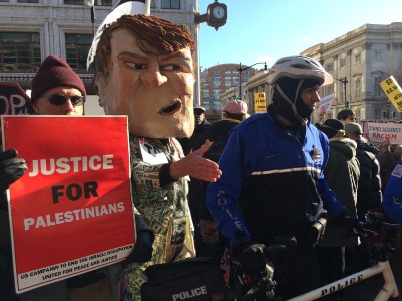 Protesters outside the AIPAC conference on Monday afternoon. CREDIT: Alice Ollstein