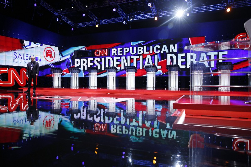 Podiums line the stage before the CNN Republican presidential debate at the Venetian Hotel & Casino on Tuesday, Dec. 15, 2015, in Las Vegas. CREDIT: AP PHOTO/JOHN LOCHER