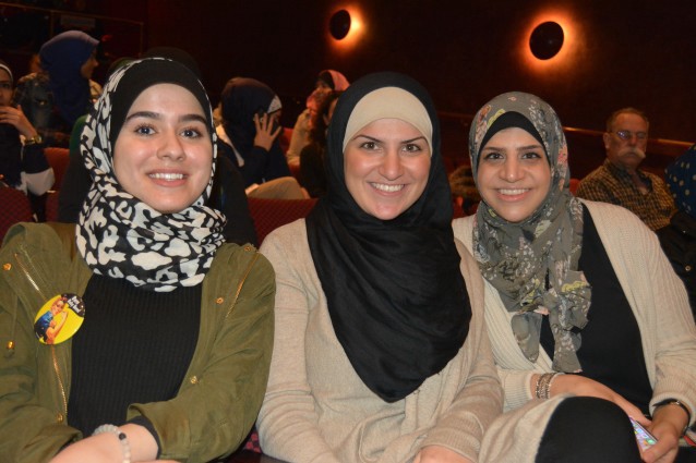 Amira Hachem, Ziehab Beydoun, and Lena Tarraf at Sanders’ event in Dearborn. CREDIT: Kira Lerner