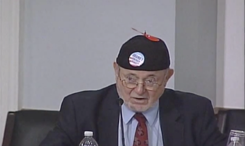 Congressman Don Young participates in a 2011 Congressional hearing on energy issues while wearing a propeller hat. CREDIT: SCREENSHOT