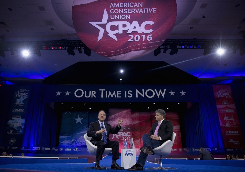 Republican National Committee Reince Priebus, joined by Sean Hannity of Fox News, speaks during the Conservative Political Action Conference (CPAC), Friday, March 4, 2016, in National Harbor, Md. CREDIT: AP PHOTO/CAROLYN KASTER