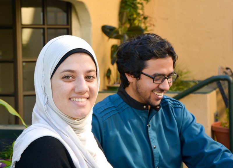 Iman Hamze, left, and Nirav Bhardwaj, right, a married couple that met at Zaytuna. Hamze is a former lacrosse star, and Bhardwaj — a Muslim convert — worked as a scout for the LA Angels baseball team before coming to the school. CREDIT: Jack Jenkins/ThinkProgress