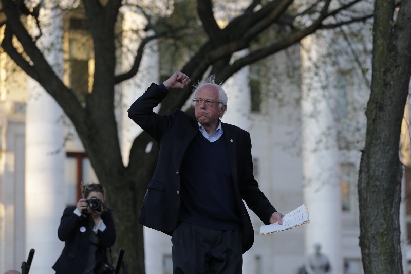 Democratic presidential candidate Sen. Bernie Sanders, I-Vt., during a campaign rally on New Haven Green in New Haven, Conn., Sunday, April 24, 2016. CREDIT: AP PHOTO/CHARLES KRUPA
