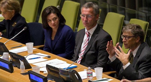 From left are Dr. Judith Rodin, President, Rockefeller Foundation; Sheryl Sandberg, Chief Operating Officer, Facebook, and Jens Stoltenberg, Prime Minister of Norway, Bill Gates, Co-Chair, The Bill and Melinda Gates Foundation. CREDIT: AP Photo/Craig Ruttle
