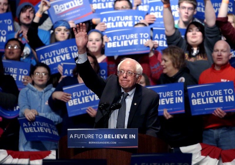Democratic presidential candidate, Sen. Bernie Sanders, I-Vt., waves to supporters as he leaves at a campaign stop at the Grand Theatre on Sunday, April 3, 2016, in Wausau, Wis. CREDIT: AP PHOTO/NAM Y. HUH