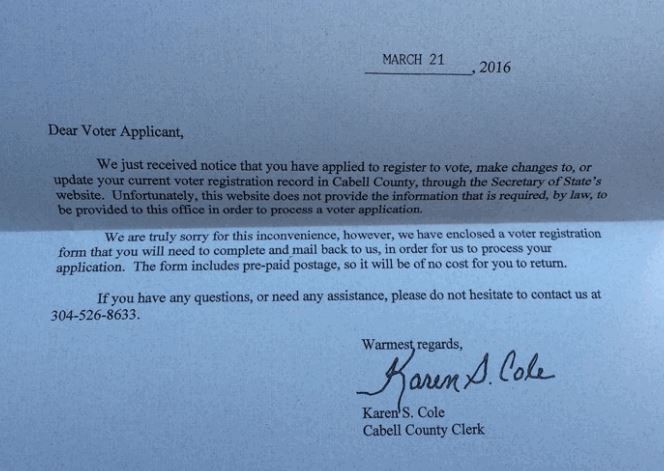 A letter to a voter who tried to register online in West Virginia. CREDIT: SCREENSHOT COURTESY THE CHARLESTON GAZETTE-MAIL