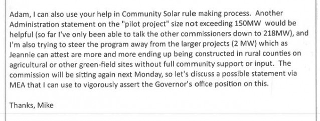 An email dated February 15 from acting Public Service Commissioner Michael Richard to former colleagues at the governor’s office appears to reflect coordination on policy. The PSC is currently considering a rule for community solar.