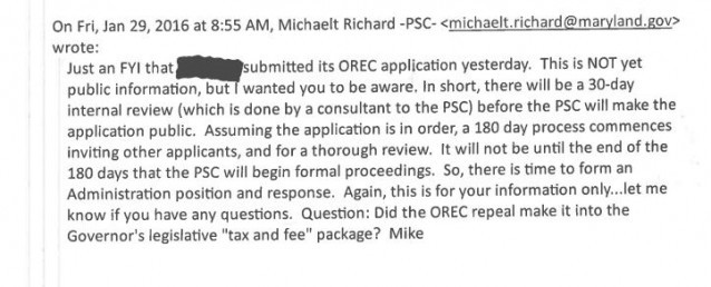 Richard also forwarded an OREC application to the governor’s office. The name of the company was redacted in the PSC’s response to Public Citizen. It was included in the original email.