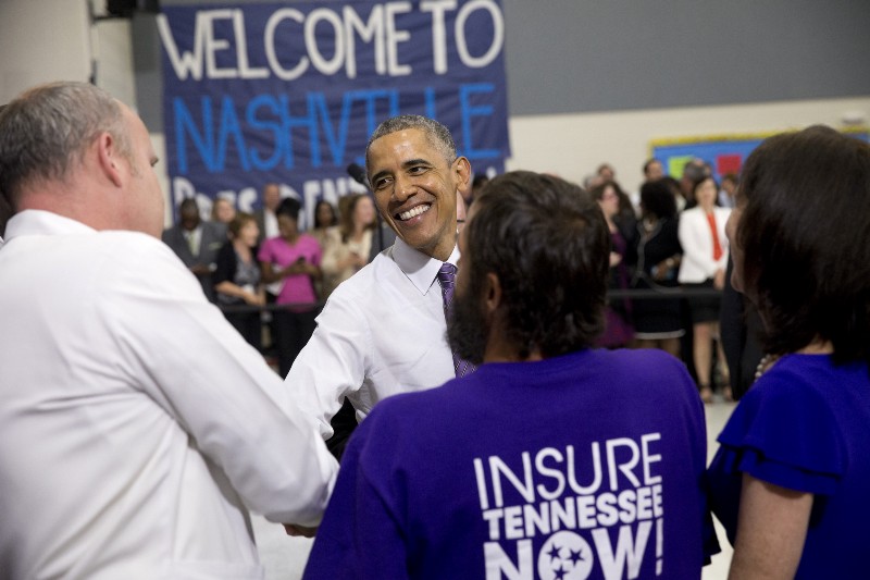 President Barack Obama greets people in the audience after speaking at a Nashville, Tenn. elementary school about the Affordable Care Act. CREDIT: AP PHOTO/CAROLYN KASTER