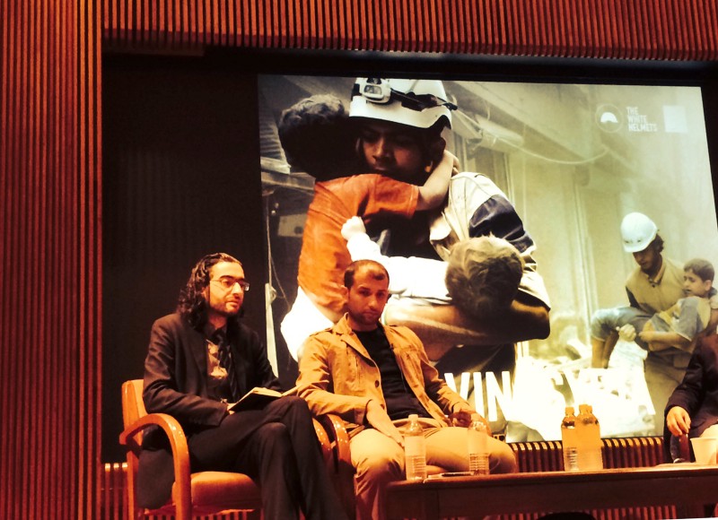 Read Saleh, right, the head of the civil defense units in the northern city of Idlib, and Farouk al-Habib, left, a media campaigner for the rescuers known as the White Helmets, sit on a panel to draw attention to their work in Syria, Wednesday Sept. 24, 2014. CREDIT: AP PHOTO/ZEINA KARAM