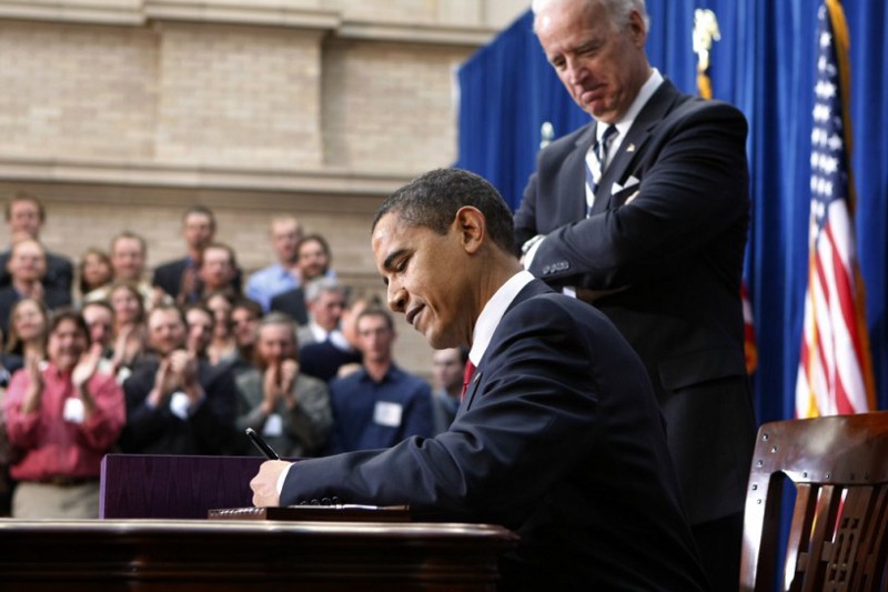 President Obama signed the American Recovery and Reinvestment Act in February 2009. Republicans channeled a dishonest debt panic to ensure it would be the last ambitious investment in America’s economy he got to make. CREDIT: AP Photo/Gerald Herbert