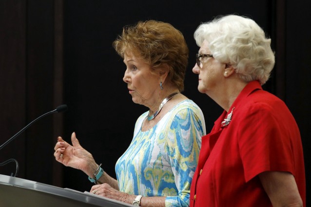 Maricopa County Recorder Helen Purcell, left, speaks as Maricopa County Elections Director Karen Osborne, right, waits her turn at a Maricopa County Board of Supervisors meeting Wednesday, March 30, 2016, in Phoenix. Officials have certified the results from the Arizona presidential primary that was marred by long lines at the polls last week. CREDIT: AP Photo/Ross D. Franklin