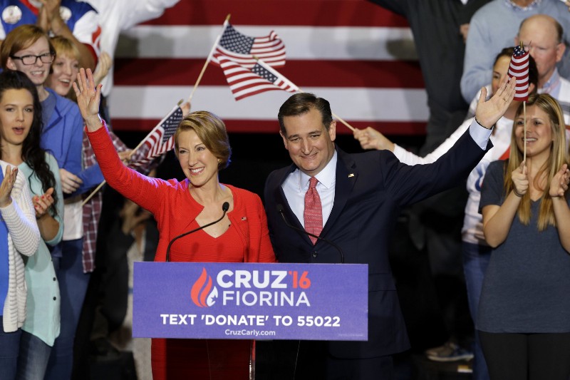 Republican presidential candidate Ted Cruz and his newly announced running mate Carly Fiorina CREDIT: AP PHOTO/MICHAEL CONROY
