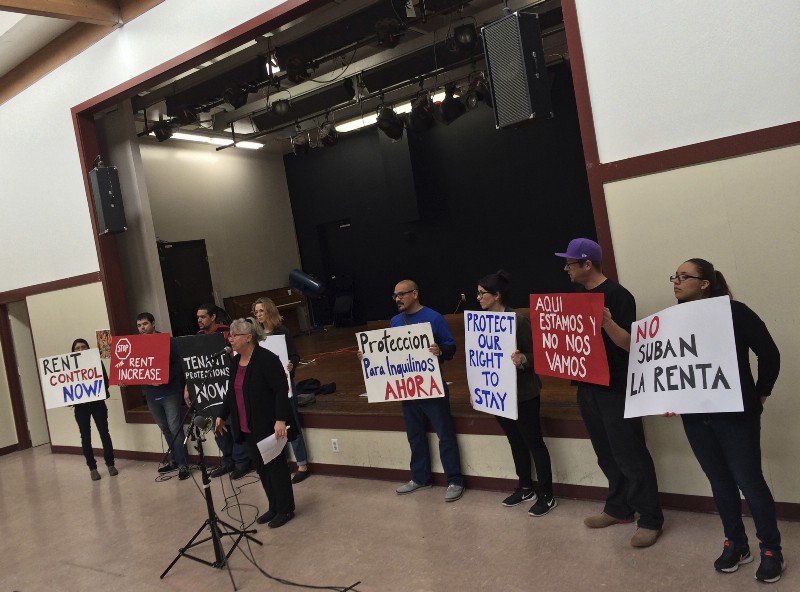 Bay area activists rallying for rent control in March. CREDIT: AP PHOTO/JANIE HAR