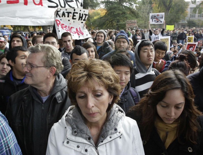 University of California, Davis Chancellor Linda Katehi waits to speak during a rally on campus in Davis, Calif., Monday, Nov. 21, 2011 after police pepper-sprayed peaceful demonstrators during a protest near the same spot on Friday. CREDIT: AP Photo/Paul Sakuma