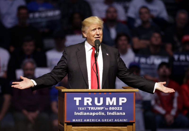 Republican presidential candidate Donald Trump speaks during a campaign stop in Indianapolis. CREDIT: AP PHOTO/DARRON CUMMINGS