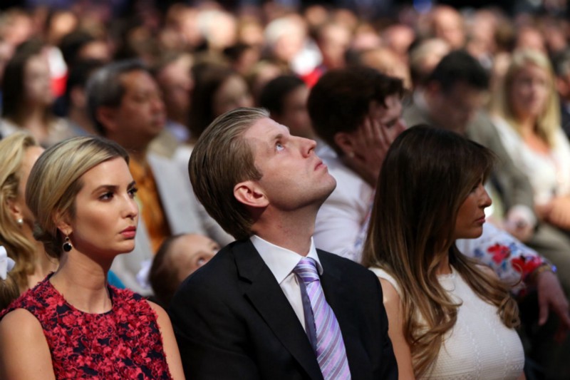 Donald Trump’s daughter Ivanka Trump, left, son Eric Trump and wife Melania Knauss watch the first Republican presidential debate at the Quicken Loans Arena Thursday, Aug. 6, 2015, in Cleveland. CREDIT: AP PHOTO/ANDREW HARNIK