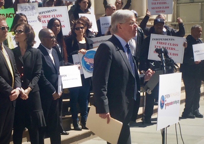 Assemblyman Fred Thiele speaks at a rally for open primaries in New York City on Thursday. CREDIT: Emily Atkin