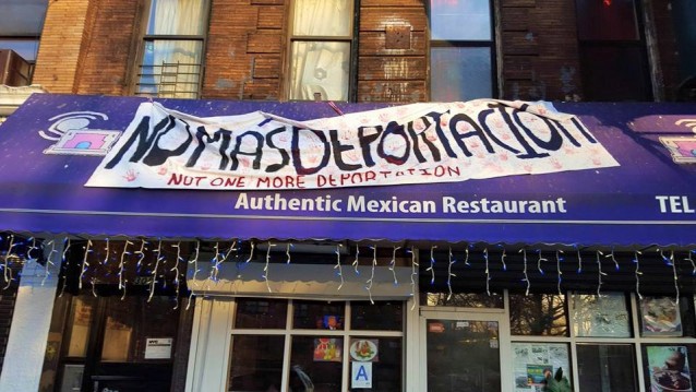 During Sen. Ted Cruz’s visit to the Bronx, La Morada draped this sign over their restaurant awning. CREDIT: La Morada