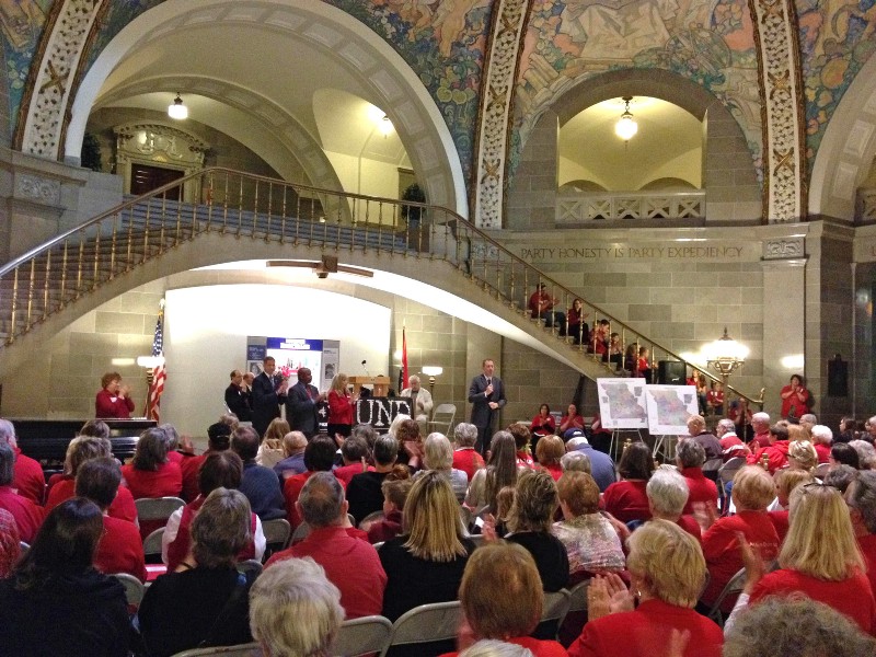 Missouri Republican Sen. Eric Schmitt speaks to a crowd of about 100 rallying against abortion on Tuesday, April 5, 2016, at the Missouri Capitol Rotunda in Jefferson City, Mo. CREDIT: AP PHOTO/SUMMER BALLENTINE