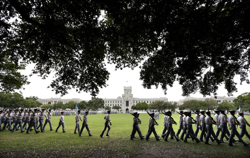 Citadel cadets practice for their weekly parade on the grounds of Summerall Field on the campus of The Citadel in Charleston, S.C. CREDIT: AP PHOTO/MIC SMITH
