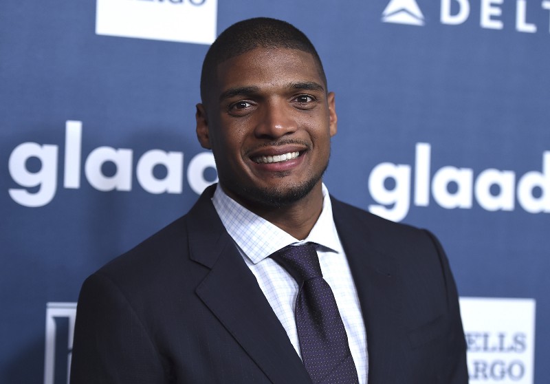 Michael Sam arrives at the 27th Annual GLAAD Media Awards at the Beverly Hilton on Saturday, April 2, 2016, in Beverly Hills, Calif. CREDIT: JORDAN STRAUSS, INVISION/AP