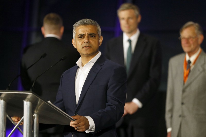 Sadiq Khan, Labour Party candidate, speaks on the podium after winning the London mayoral elections CREDIT: AP PHOTO/KIRSTY WIGGLESWORTH