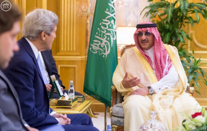 In this May 15, 2016 photo released by the Saudi Press Agency, SPA, Saudi Crown Prince Mohammed bin Naif bin Abdulaziz, right, meets with U.S. Secretary of State John Kerry in Jiddah, Saudi Arabia. CREDIT: SAUDI PRESS AGENCY VIA AP