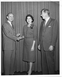 Barbara (Lewis) Paulson receiving her ten-year pin from Bill Pickering in 1959 CREDIT: Courtesy NASA/JPL-Caltech