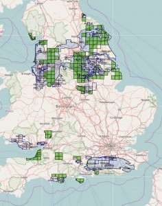 Blue areas show where there is oil and gas in England. Green areas have been opened for licensing. CREDIT: U.K. Oil and Gas Authority