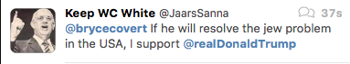 One of the anti-Semitic tweets Covert received in response to her op-ed. CREDIT: Screenshot