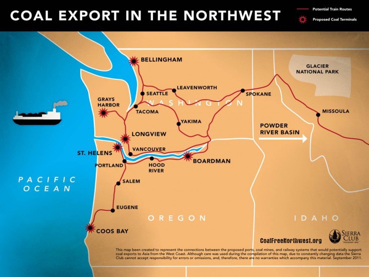 A map of proposed coal export terminals. All but Longview have been rejected. CREDIT: Sierra Club