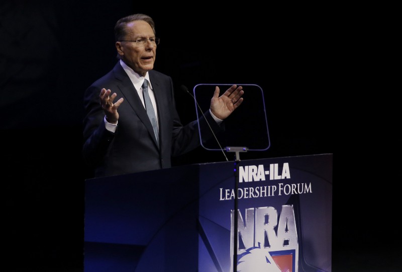 National Rifle Association executive vice president Wayne LaPierre speaks at the National Rifle Association convention Saturday, May 21, 2016, in Louisville, Ky. CREDIT: AP PHOTO/MARK HUMPHREY