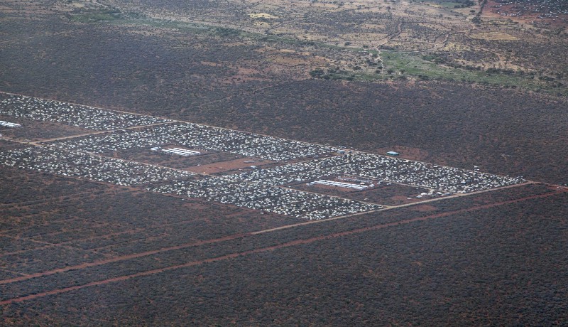 In this photo taken Monday, Feb. 20, 2012, parts of Dadaab, the world’s largest refugee camp, are seen from a helicopter in northern Kenya. (AP Photo/Ben Curtis) CREDIT: AP PHOTO/BEN CURTIS