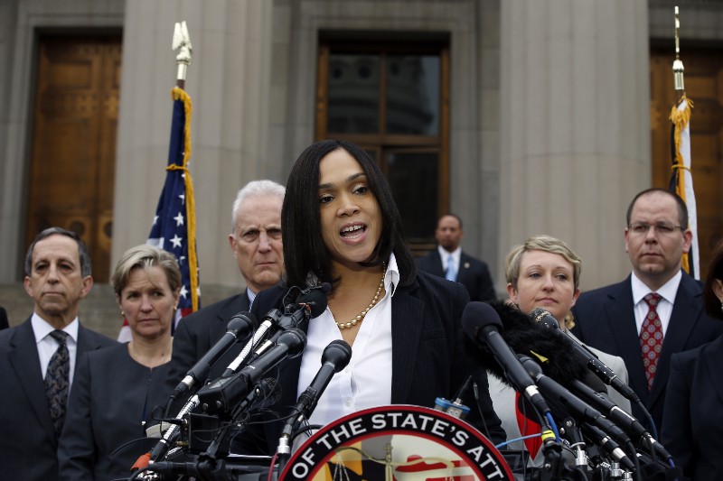 Marilyn Mosby announced criminal charges against all six officers suspended after Freddie Gray suffered a fatal spinal injury while in police custody. CREDIT: AP PHOTO/ALEX BRANDON