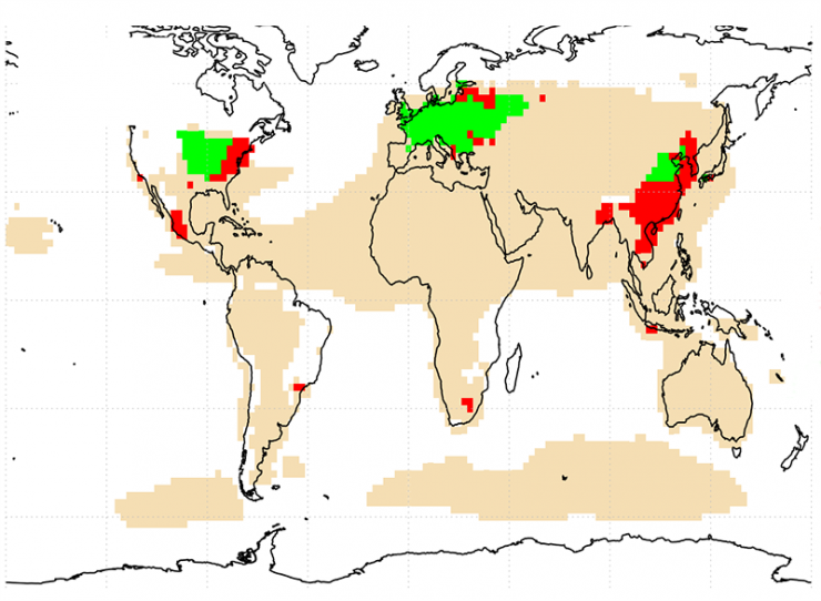 A world map shows main sources of fine-particulate pollution: natural (brown); industrial (red) and agriculture (green). CREDIT: Bauer et al., Geophysical Research Letters, 2016